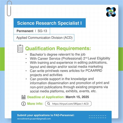 pcaarrd careers|SCIENCE RESEARCH SPECIALIST II (Project.
